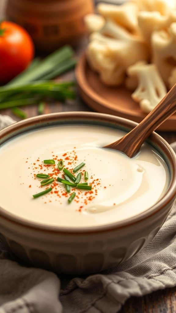 A bowl of creamy cauliflower soup garnished with chives, on a rustic table with a wooden spoon.